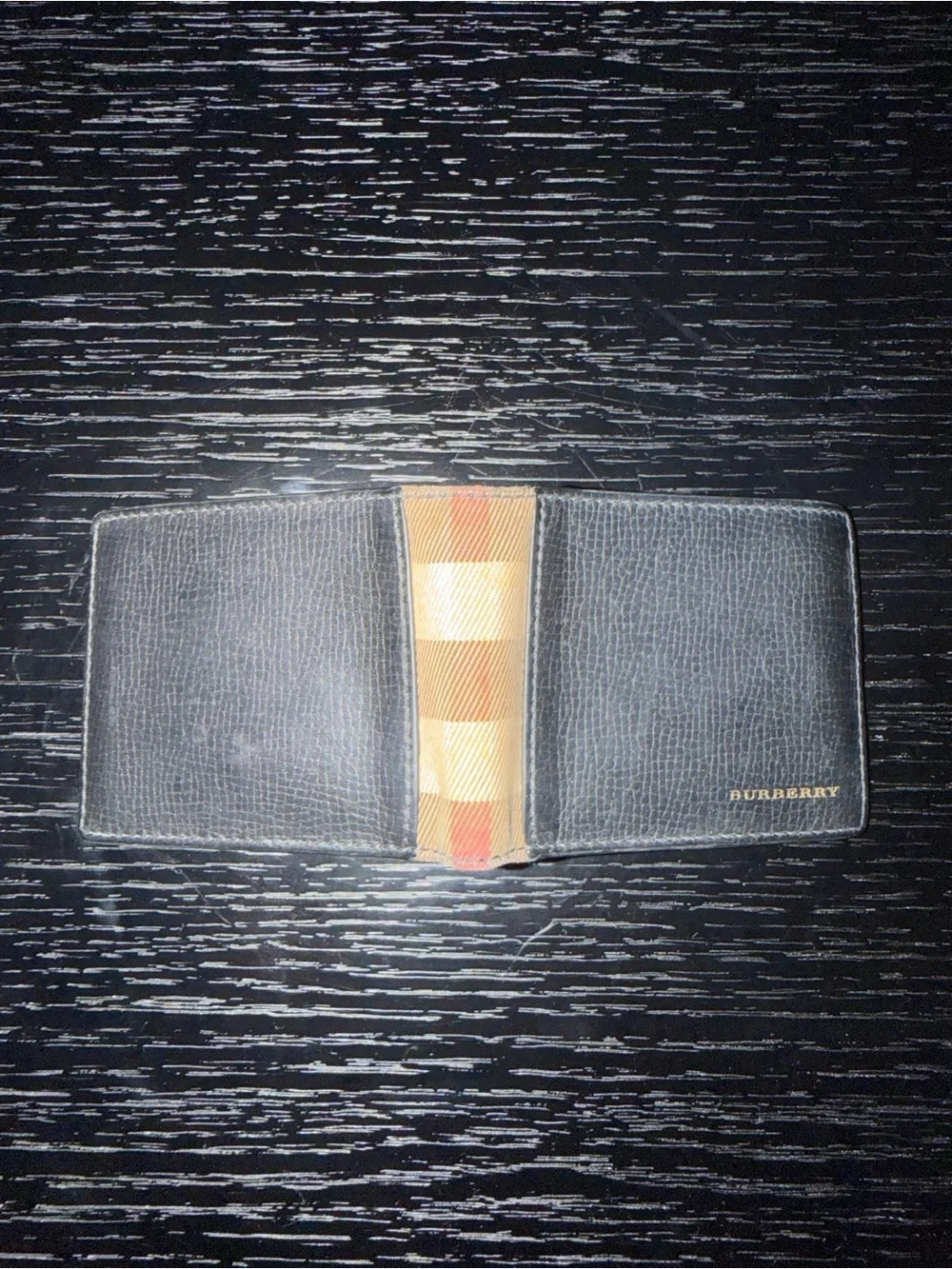 Burberry Black Leather Bifold Wallet with Beige Check Accent